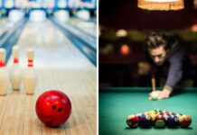 Gdzie na bilard i kręgle we Wrocławiu? Na zdjęciu tor na kręgielni oraz rozgrywka w bilarda