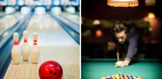 Gdzie na bilard i kręgle we Wrocławiu? Na zdjęciu tor na kręgielni oraz rozgrywka w bilarda