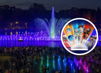 Specjalny pokaz Fontanny Multimedialnej z udziałem studia Disney&Pixar. Dzisiaj obejrzysz go ponownie! Na zdjęciu Fontanna Multimedialna oraz grafika promująca pokaz /Materiały Organizatorów