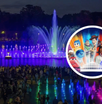 Specjalny pokaz Fontanny Multimedialnej z udziałem studia Disney&Pixar. Dzisiaj obejrzysz go ponownie! Na zdjęciu Fontanna Multimedialna oraz grafika promująca pokaz /Materiały Organizatorów