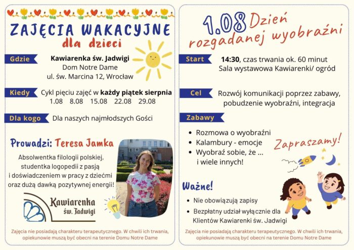 Grafika przedstawia szczegółowy plan zajęć dla dzieci /Dom Notre Dame