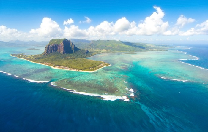 Aerial view of Le Morne Brabant mountain which is in the World Heritage site of the UNESCO