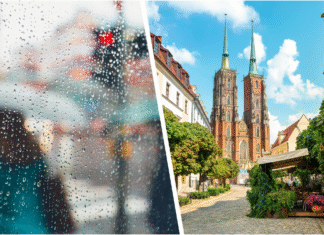 Kiedy lato wróci do Wrocławia? Sprawdź, prognozę pogody na przełom lipca i sierpnia Na zdjęciu miasto w deszczu oraz widok na Archikatedrę Jana Chrzciciela we Wrocławiu