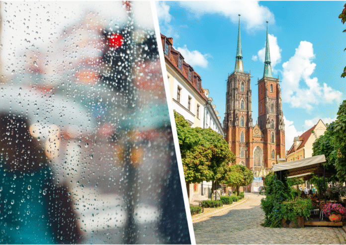 Na zdjęciu miasto w deszczu oraz widok na Archikatedrę Jana Chrzciciela we Wrocławiu