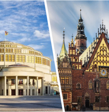 Co zobaczyć we Wrocławiu w dwa dni? Na zdjęciu Hala Stulecia i Ratusz we Wrocławiu