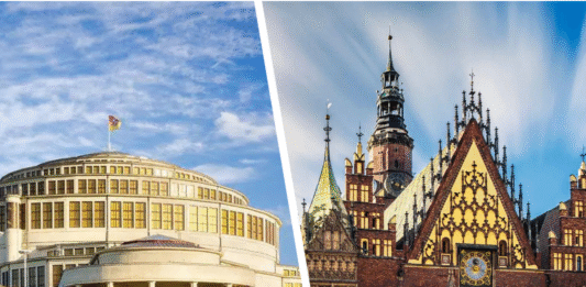 Co zobaczyć we Wrocławiu w dwa dni? Na zdjęciu Hala Stulecia i Ratusz we Wrocławiu