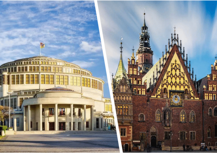 Na zdjęciu Hala Stulecia i Ratusz we Wrocławiu