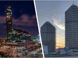 Najwyższe budynki we Wrocławiu. Nie tylko Sky Tower, jakie inne budynki we Wrocławiu górują nad innymi? Na zdjęciu składanka zdjęć Sky Tower oraz akademiki Kredka i Ołówek