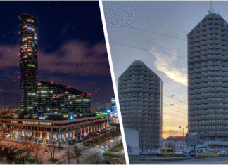 Najwyższe budynki we Wrocławiu. Nie tylko Sky Tower, jakie inne budynki we Wrocławiu górują nad innymi? Na zdjęciu składanka zdjęć Sky Tower oraz akademiki Kredka i Ołówek