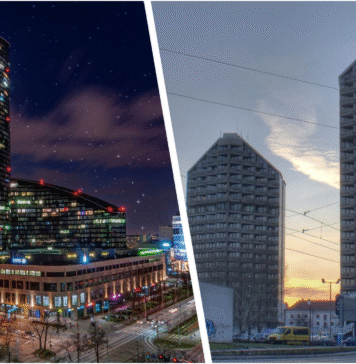 Najwyższe budynki we Wrocławiu. Nie tylko Sky Tower, jakie inne budynki we Wrocławiu górują nad innymi? Na zdjęciu składanka zdjęć Sky Tower oraz akademiki Kredka i Ołówek