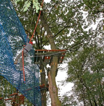Parki linowe we Wrocławiu i okolicy. Najciekawsze miejsca na zabawę dla całej rodziny Na zdjęciu widok na atrakcje w parku linowym