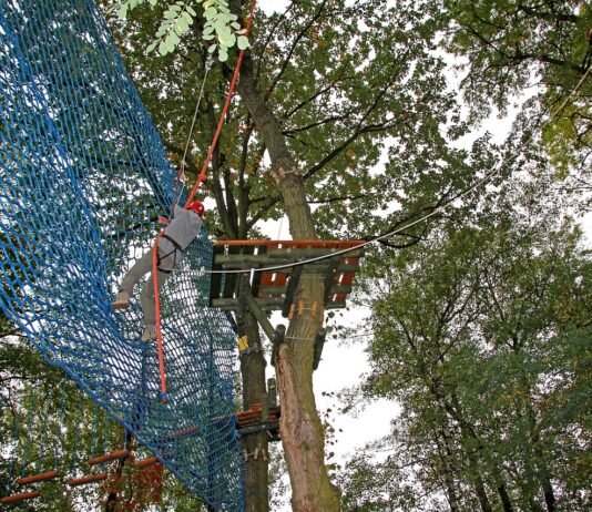 Parki linowe we Wrocławiu i okolicy. Najciekawsze miejsca na zabawę dla całej rodziny Na zdjęciu widok na atrakcje w parku linowym