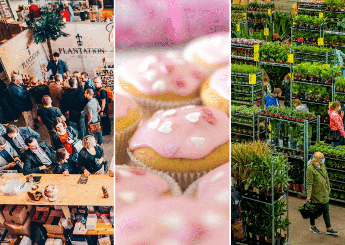 Na zdjęciu zestawienie targów, słodkości i festiwalu roślin